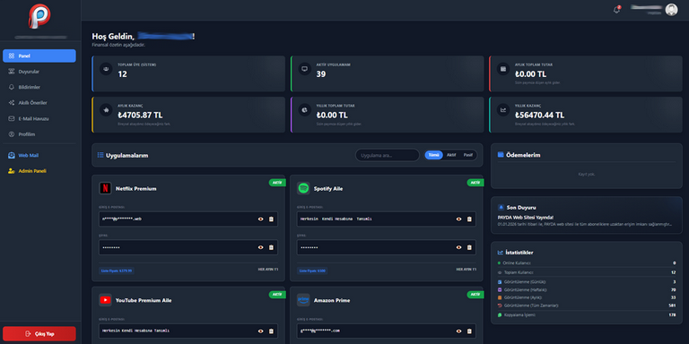 PAYDA Abonelik Paylaşım Sistemi Ekran Görüntüsü